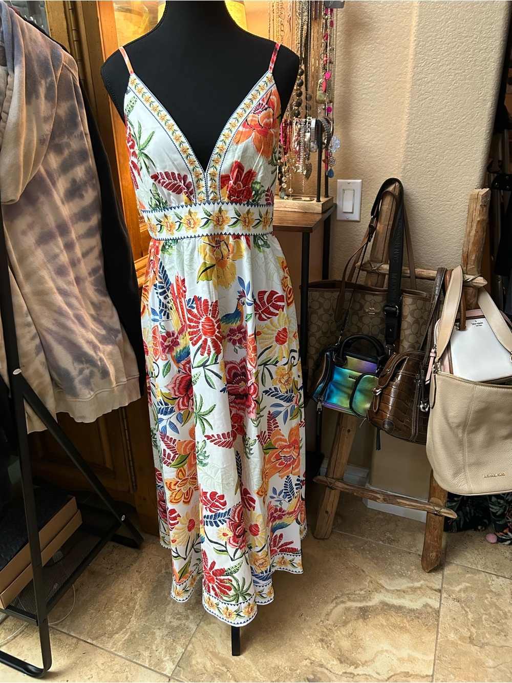 Cupshe White Maxi Dress with Red, Yellow & Blue Floral Print